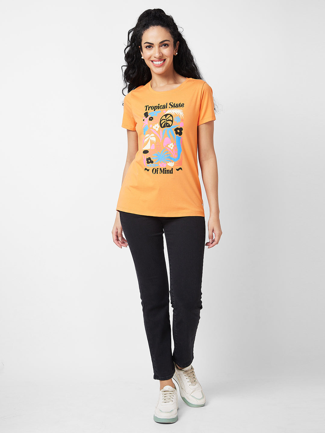 Spykar Round Neck Half Sleeves Orange T-shirt  For Women