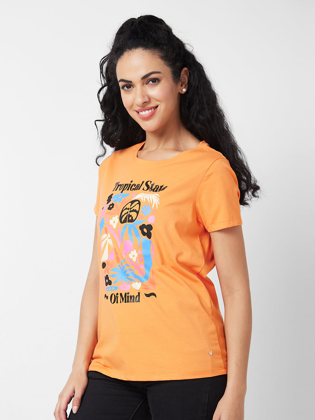 Spykar Round Neck Half Sleeves Orange T-shirt  For Women