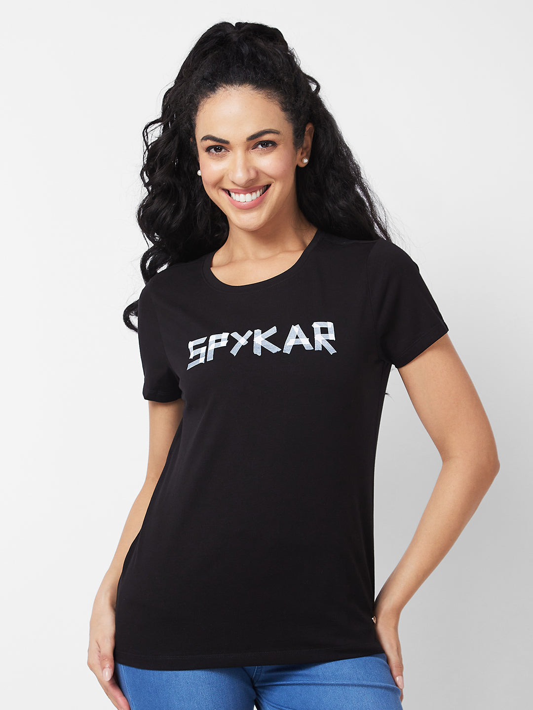 Spykar Round Neck Half Sleeves Black T-shirt  For Women