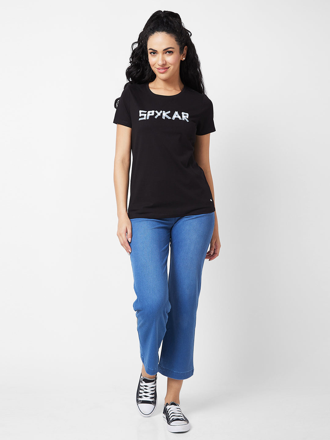 Spykar Round Neck Half Sleeves Black T-shirt  For Women