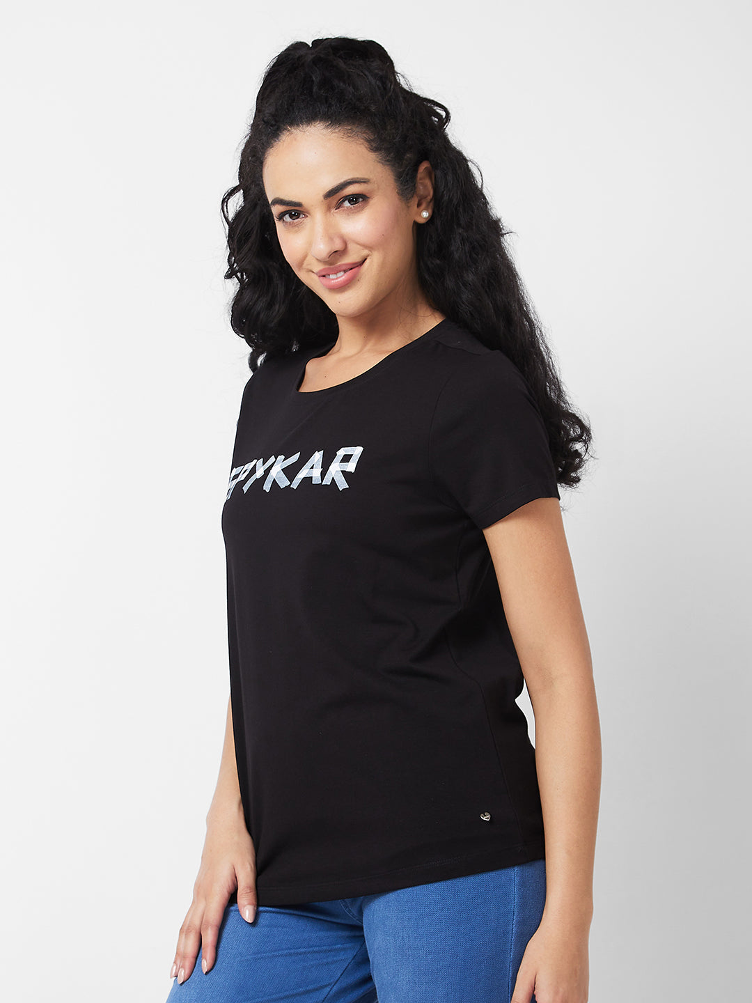 Spykar Round Neck Half Sleeves Black T-shirt  For Women