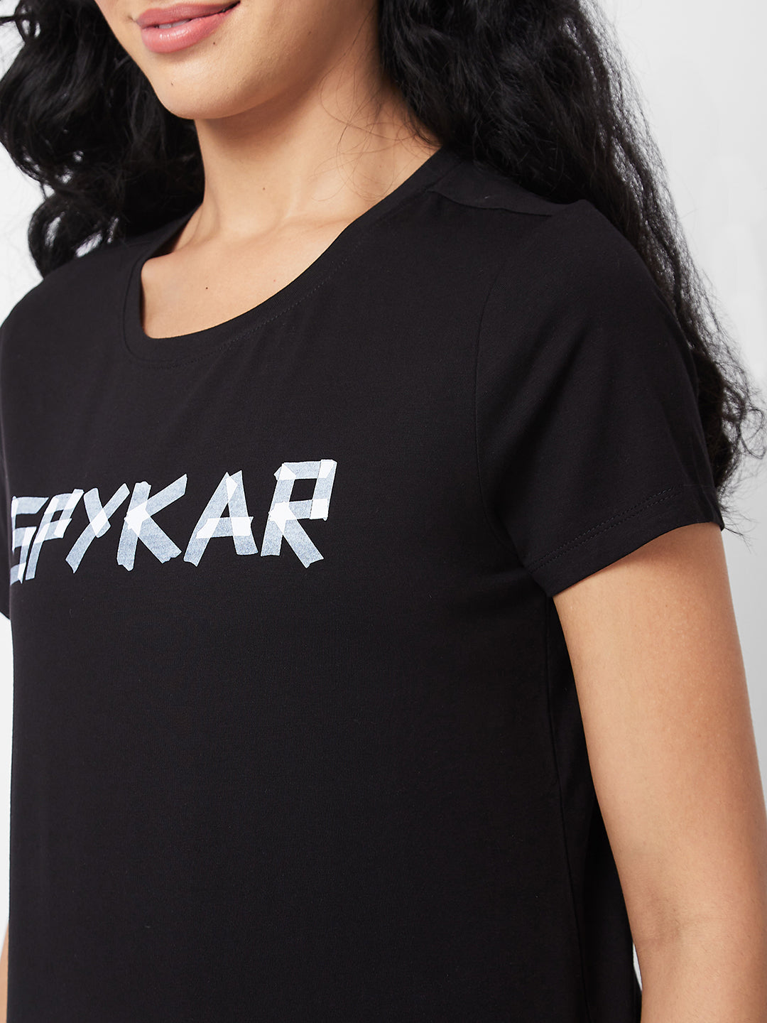 Spykar Round Neck Half Sleeves Black T-shirt  For Women