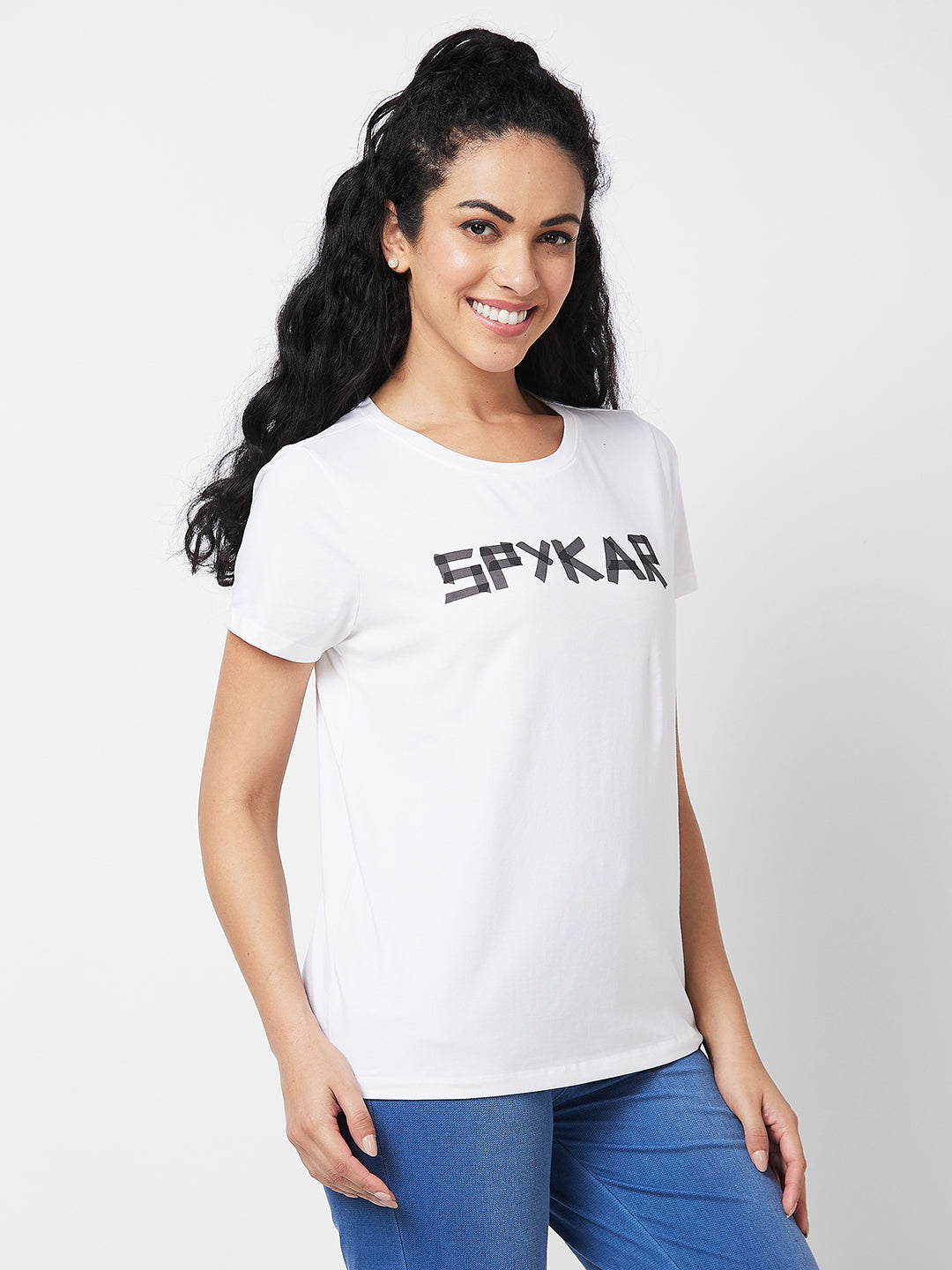 Spykar Round Neck Half Sleeves White T-shirt  For Women