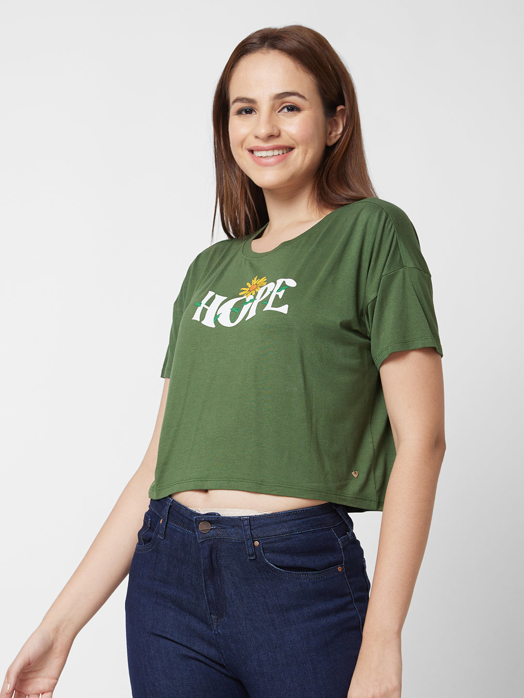 Spykar Round Neck Half Sleeve Olive Green Printed T-Shirt For Women
