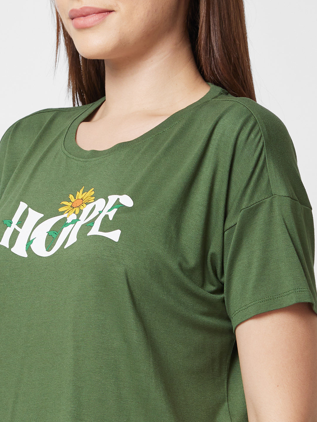 Spykar Round Neck Half Sleeve Olive Green Printed T-Shirt For Women
