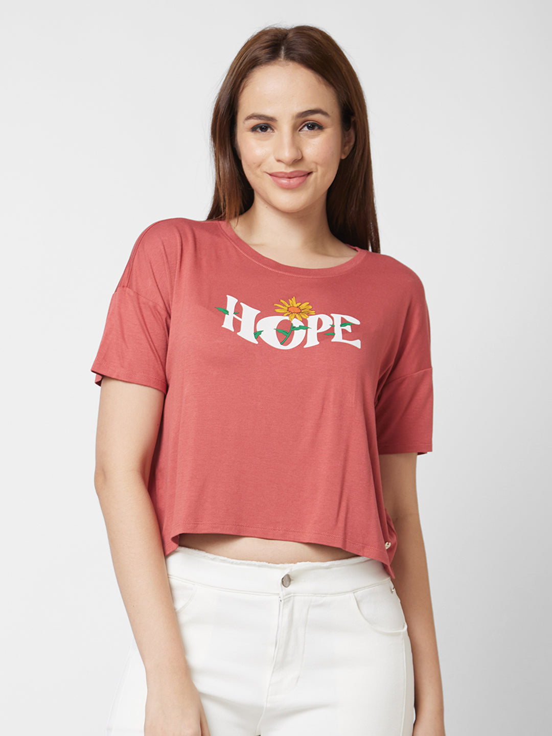 Spykar Round Neck Half Sleeve Brown Printed T-Shirt For Women