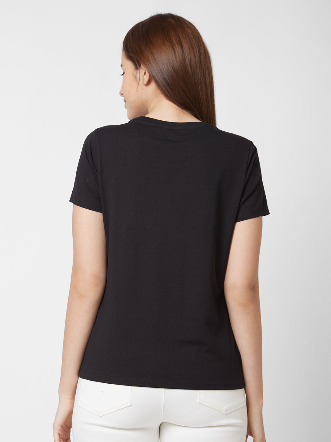 Spykar Round Neck Half Sleeve Black Printed T-Shirt For Women