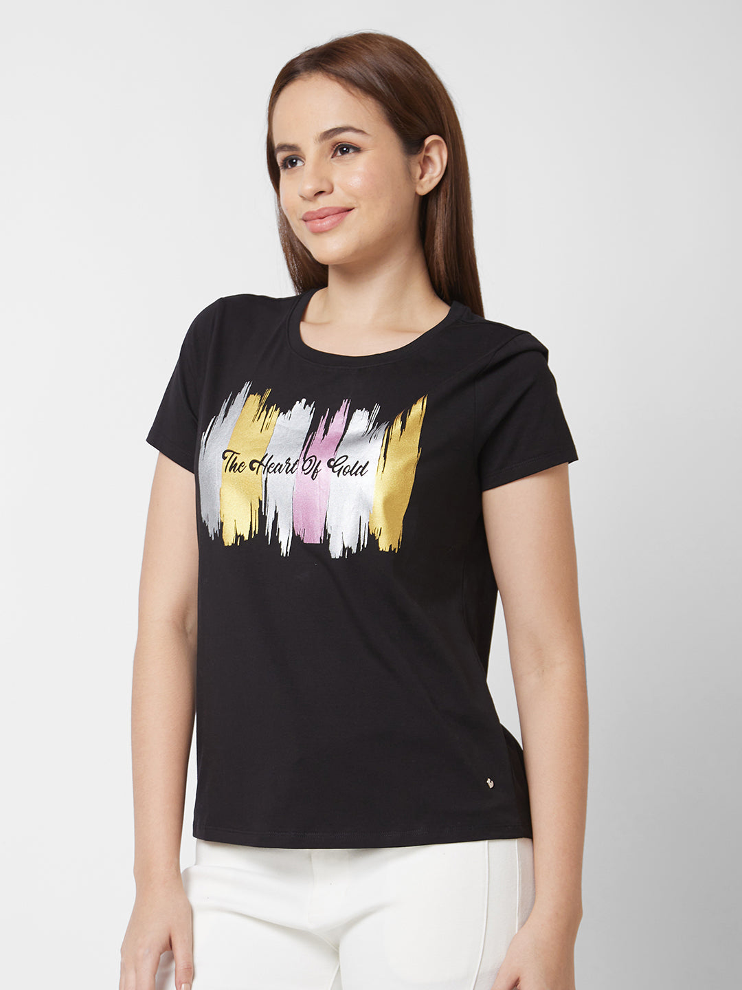 Spykar Round Neck Half Sleeve Black Printed T-Shirt For Women