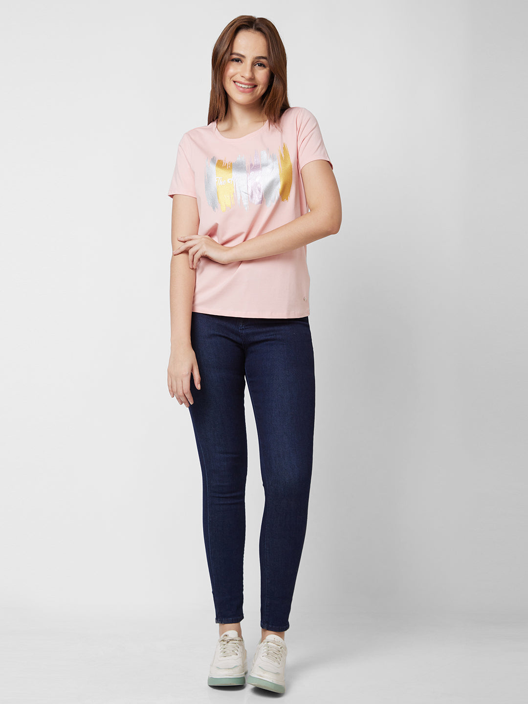 Spykar Round Neck Half Sleeve Pink Printed T-Shirt For Women