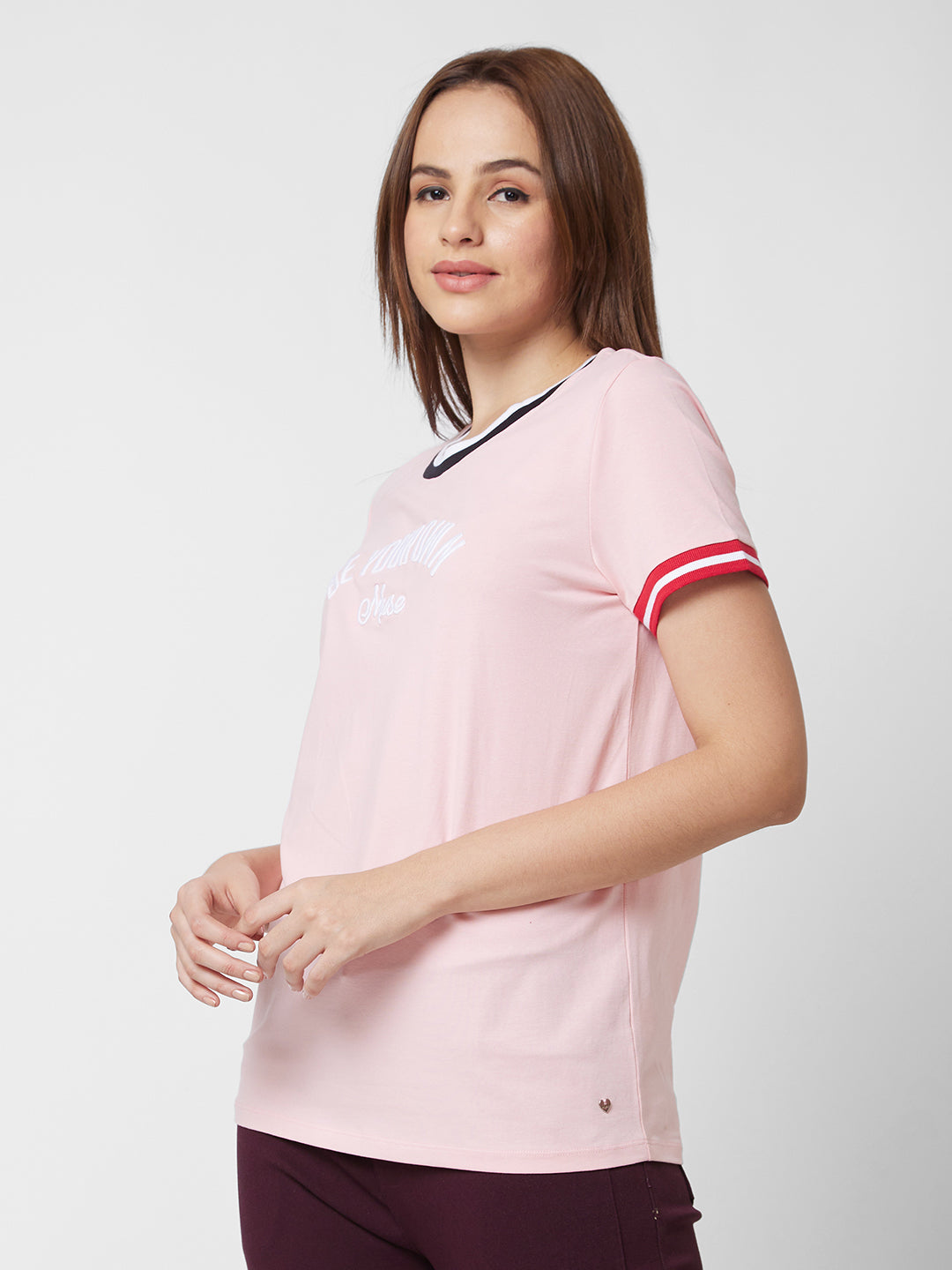 Spykar Round Neck Half Sleeve Pink Printed T-Shirt For Women