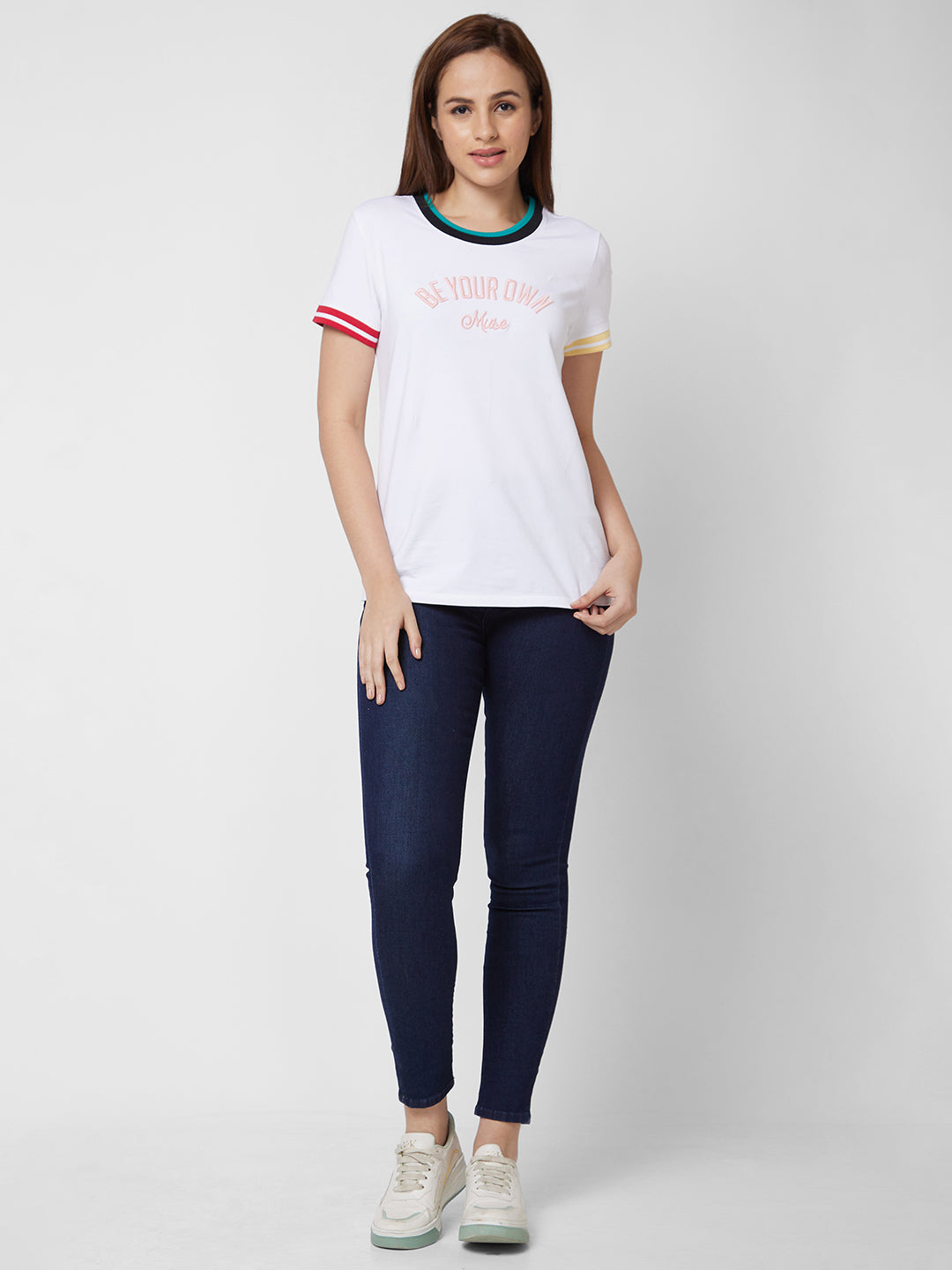 Spykar Round Neck Half Sleeve White Printed T-Shirt For Women