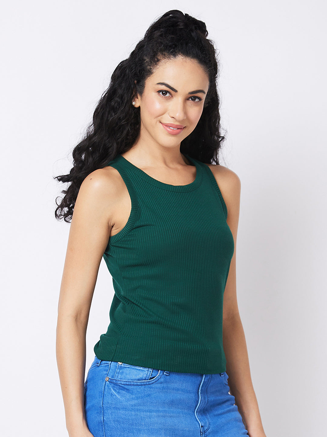 Spykar Round Neck Sleeveless Green T-shirt  For Women