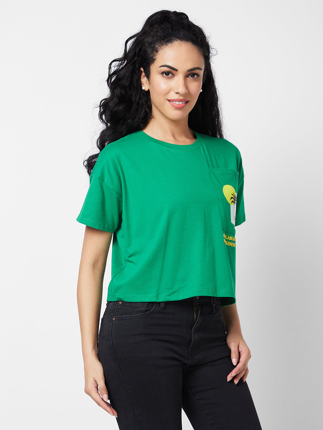 Spykar Round Neck Half Sleeves Green T-shirt  For Women