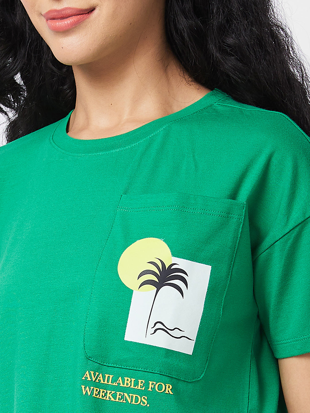 Spykar Round Neck Half Sleeves Green T-shirt  For Women