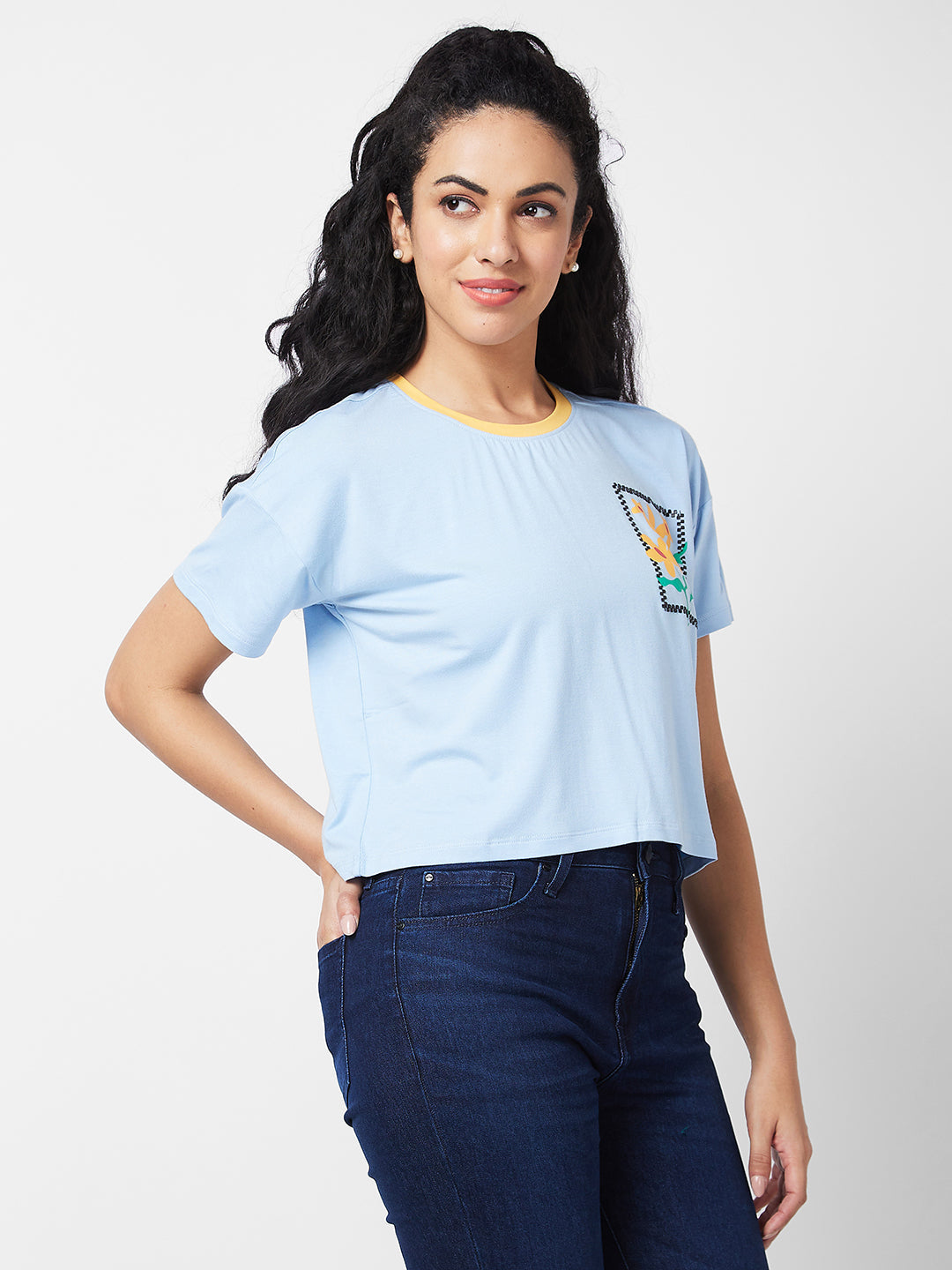 Spykar Round Neck Half Sleeves Blue T-shirt  For Women