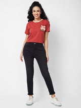 Spykar Round Neck Half Sleeves Brown T-shirt  For Women