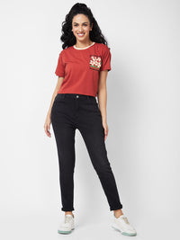 Spykar Round Neck Half Sleeves Brown T-shirt  For Women
