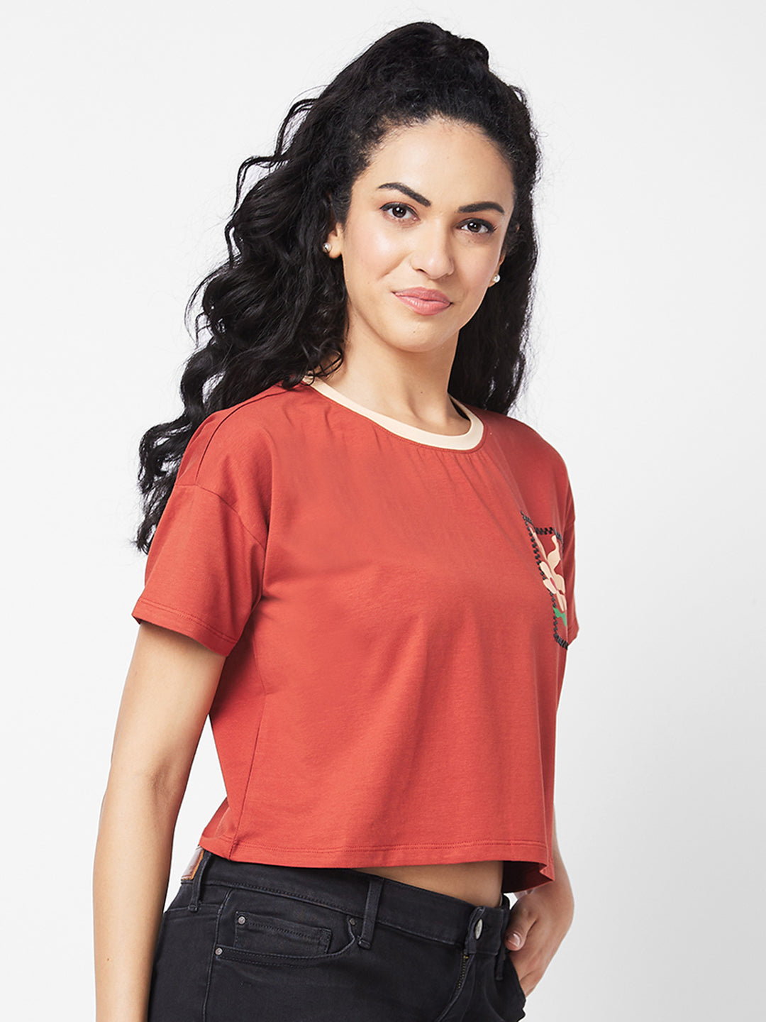 Spykar Round Neck Half Sleeves Brown T-shirt  For Women