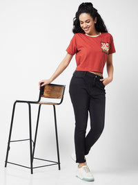 Spykar Round Neck Half Sleeves Brown T-shirt  For Women