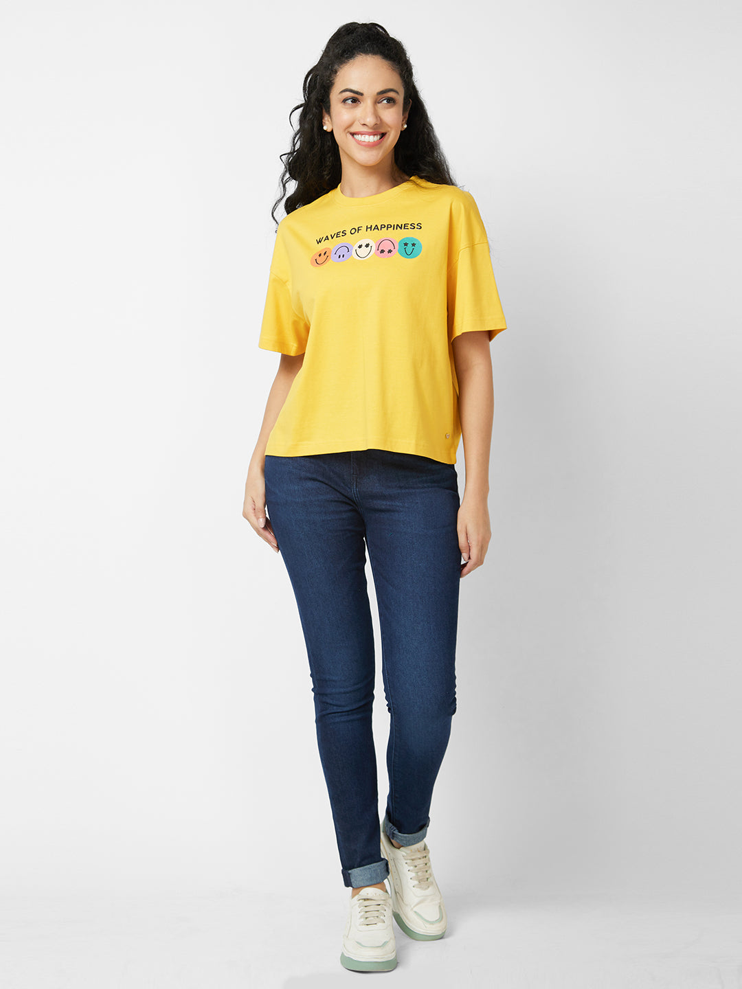 Spykar Round Neck Half Sleeves Yellow T-shirt  For Women