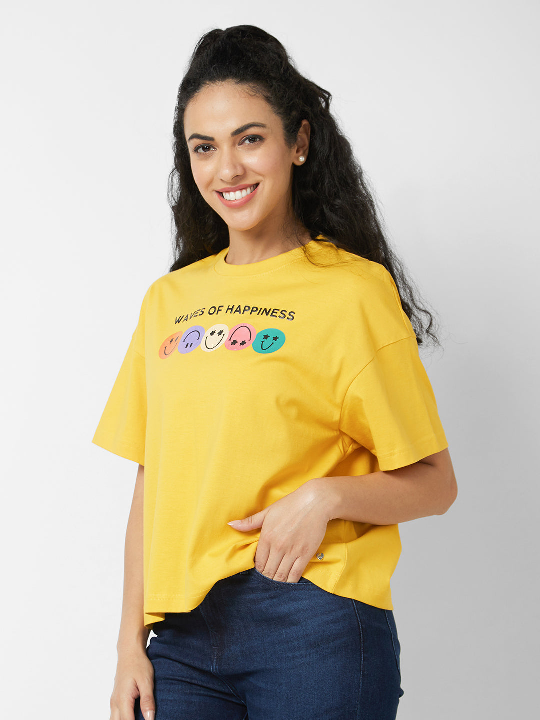 Spykar Round Neck Half Sleeves Yellow T-shirt  For Women
