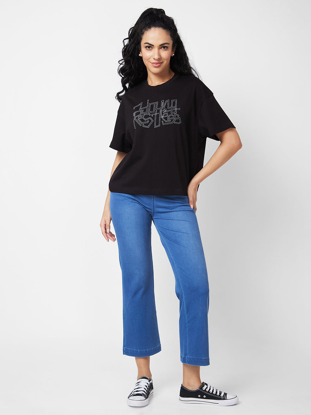 Spykar Round Neck Half Sleeves Black T-shirt  For Women