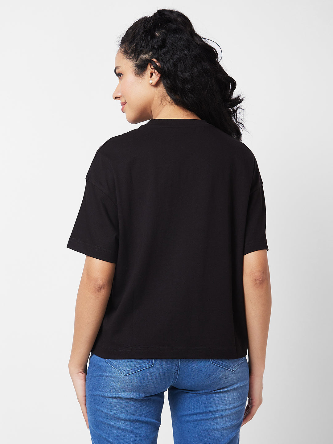 Spykar Round Neck Half Sleeves Black T-shirt  For Women