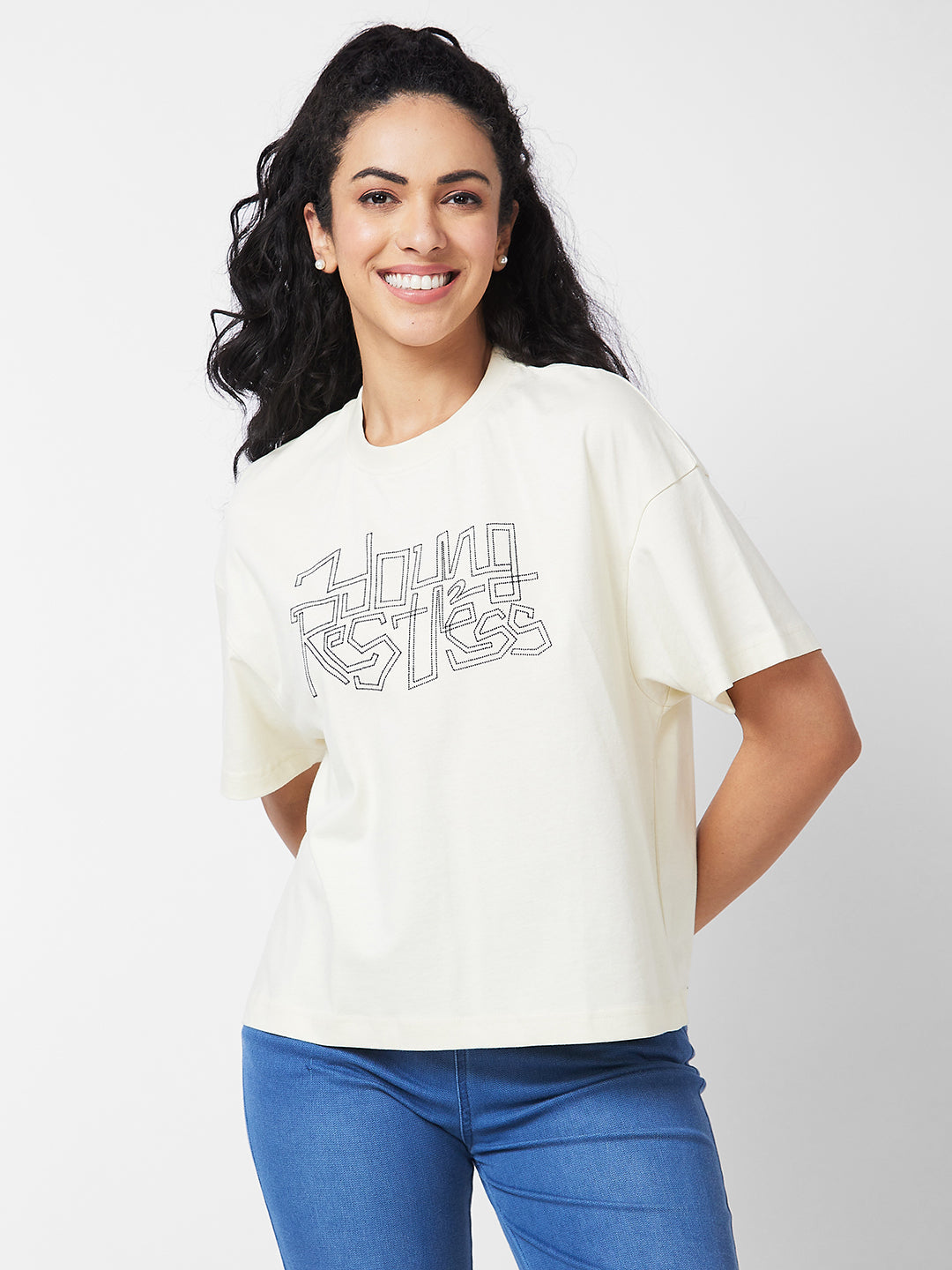 Spykar Round Neck Half Sleeves White T-shirt  For Women