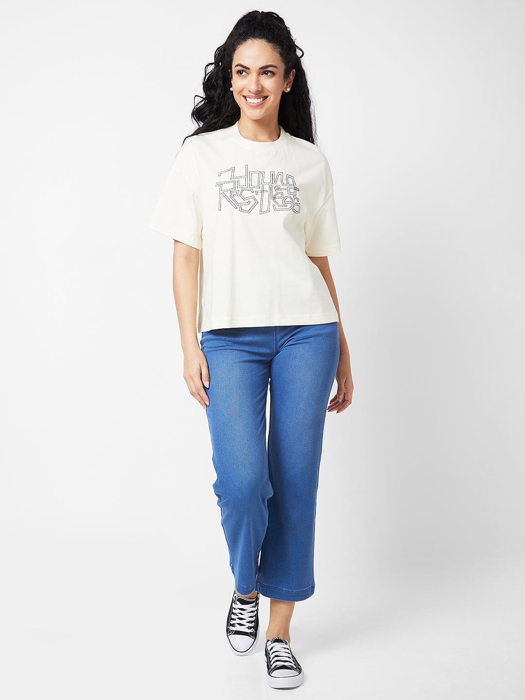 Spykar Round Neck Half Sleeves White T-shirt  For Women