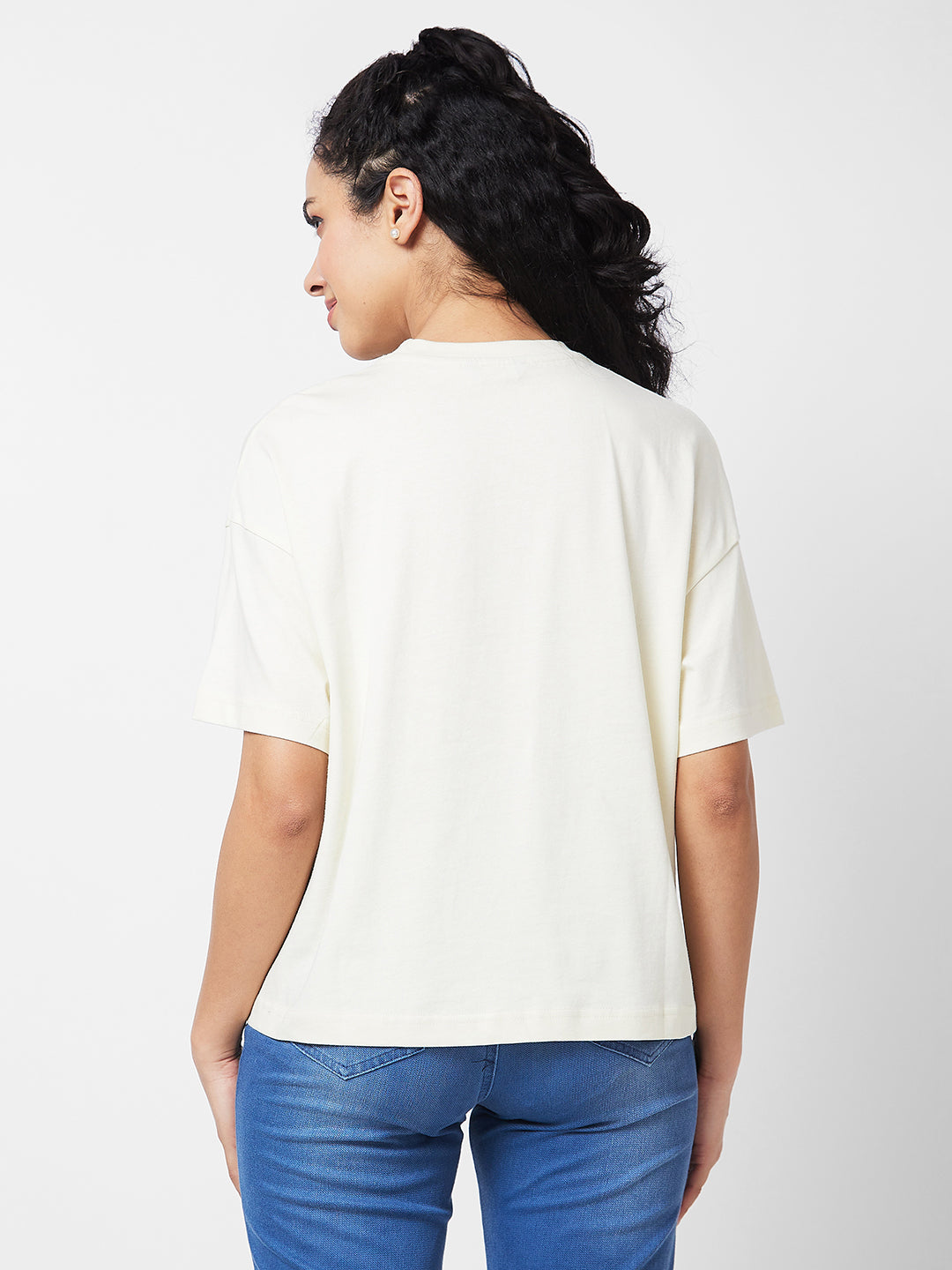 Spykar Round Neck Half Sleeves White T-shirt  For Women