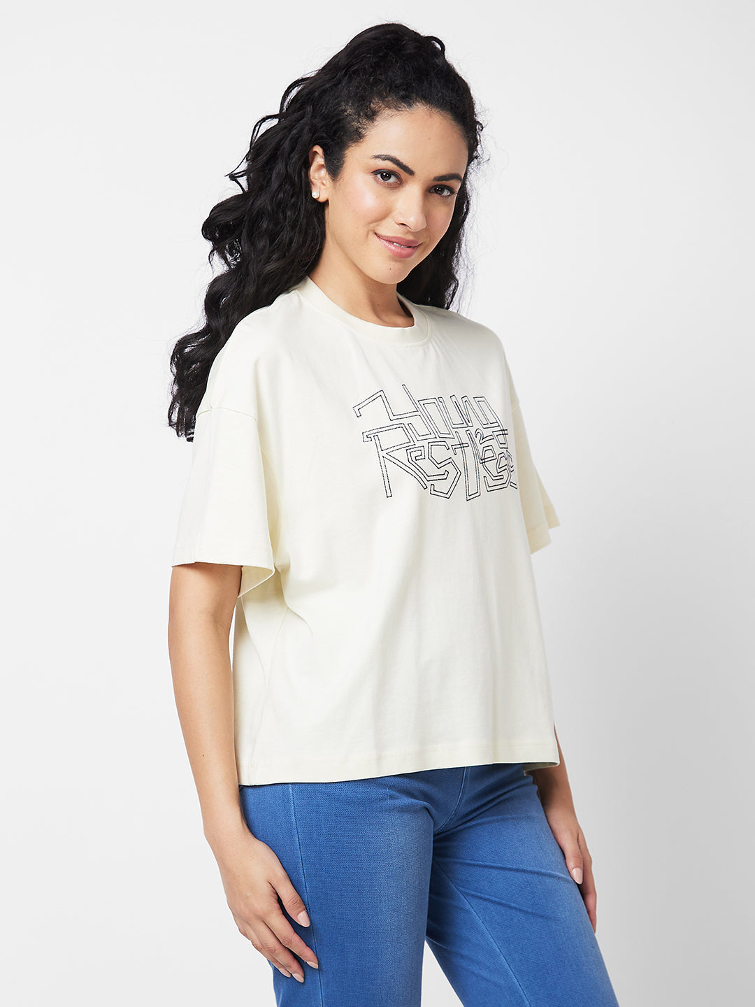 Spykar Round Neck Half Sleeves White T-shirt  For Women