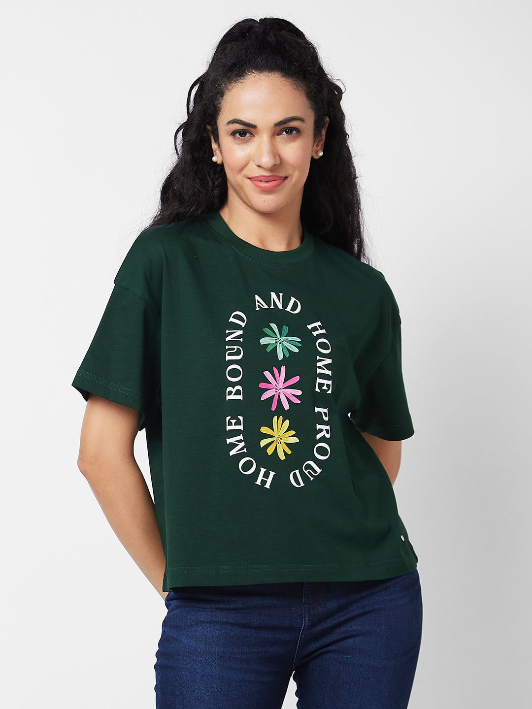 Spykar Round Neck Half Sleeves Green T-shirt  For Women