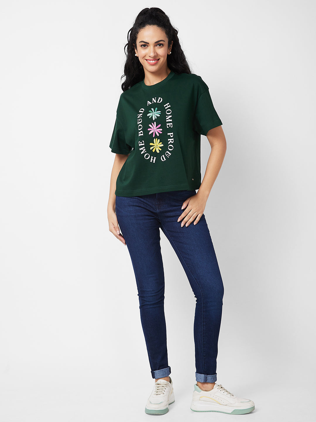 Spykar Round Neck Half Sleeves Green T-shirt  For Women