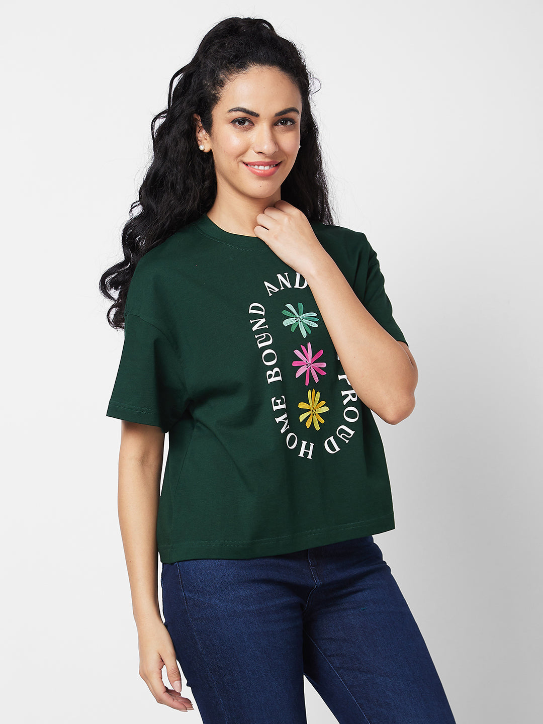 Spykar Round Neck Half Sleeves Green T-shirt  For Women