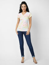 Spykar V Neck Half Sleeves White T-shirt  For Women