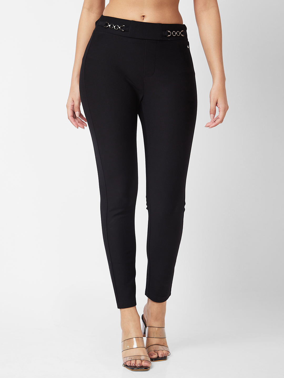 Spykar High Rise Skinny Fit Black Knits Pant For Women