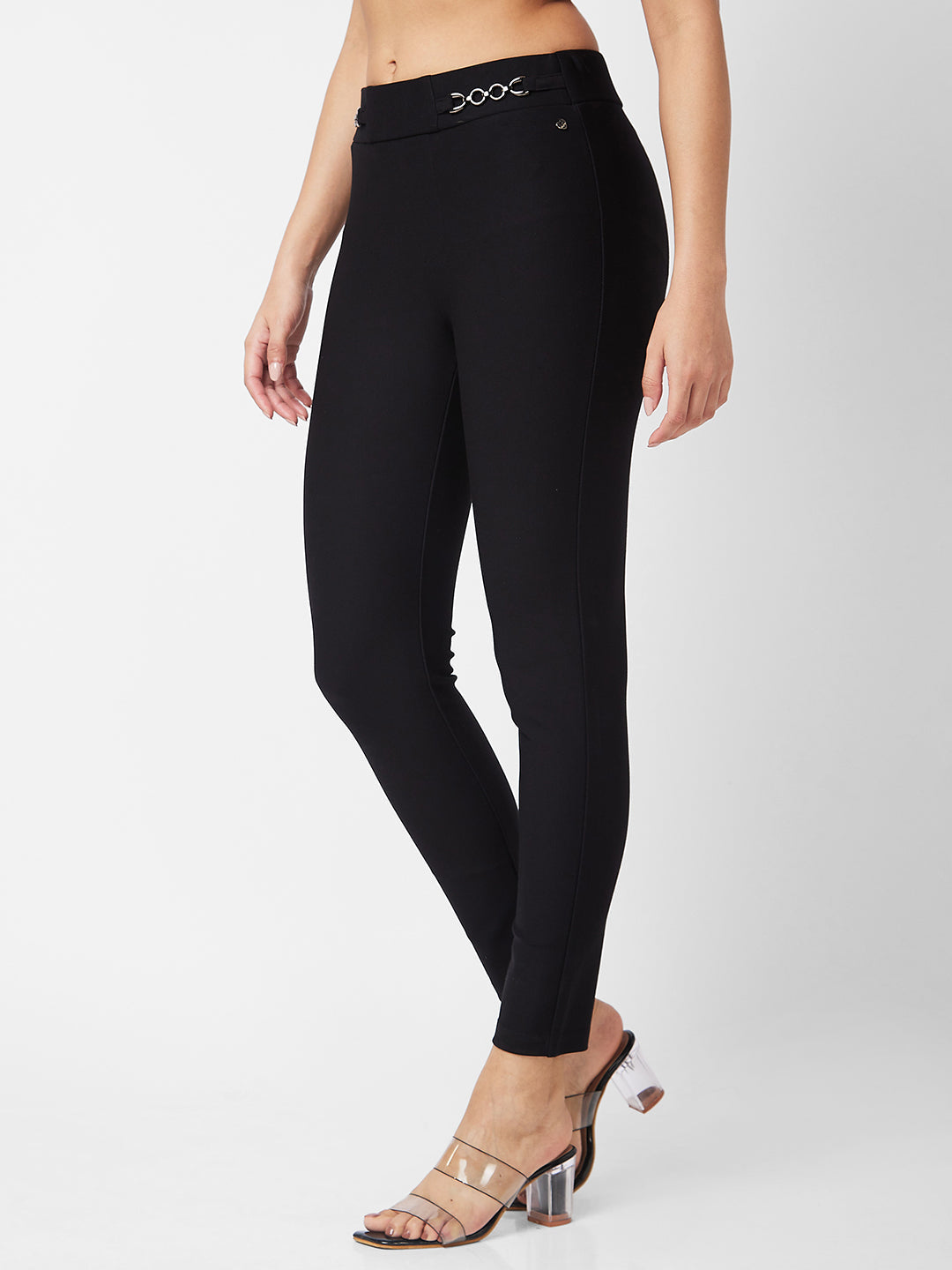 Spykar High Rise Skinny Fit Black Knits Pant For Women