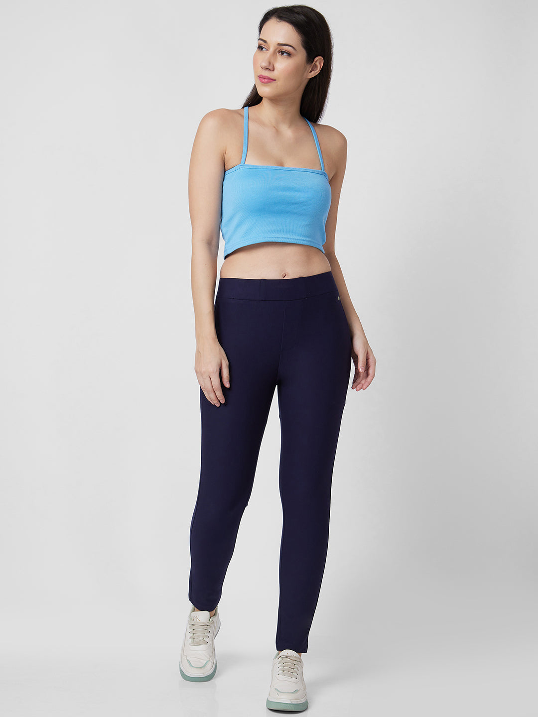 Spykar High Rise Skinny Fit Blue Knits Pant For Women