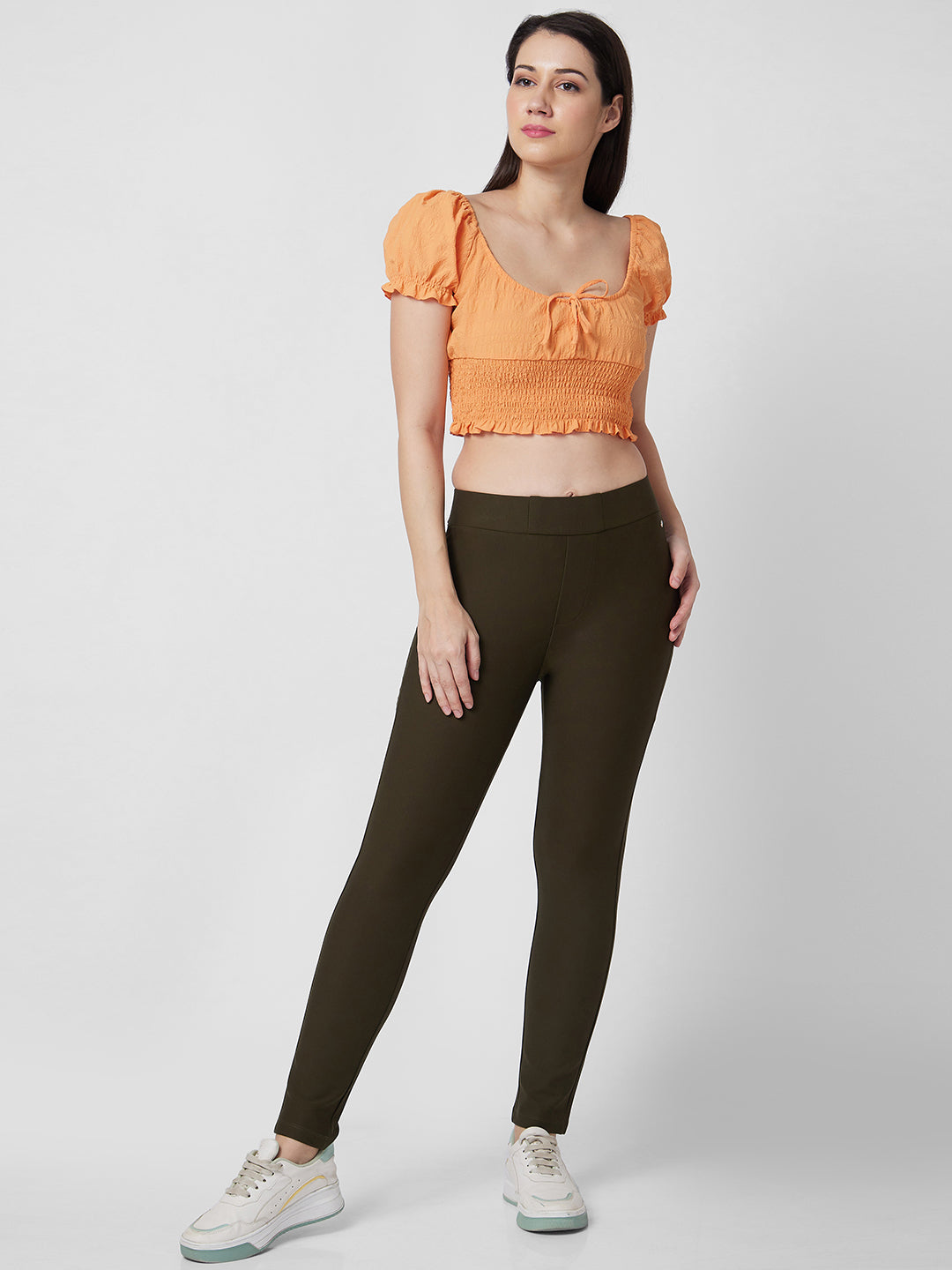 Spykar High Rise Skinny Fit Green Knits Pant For Women