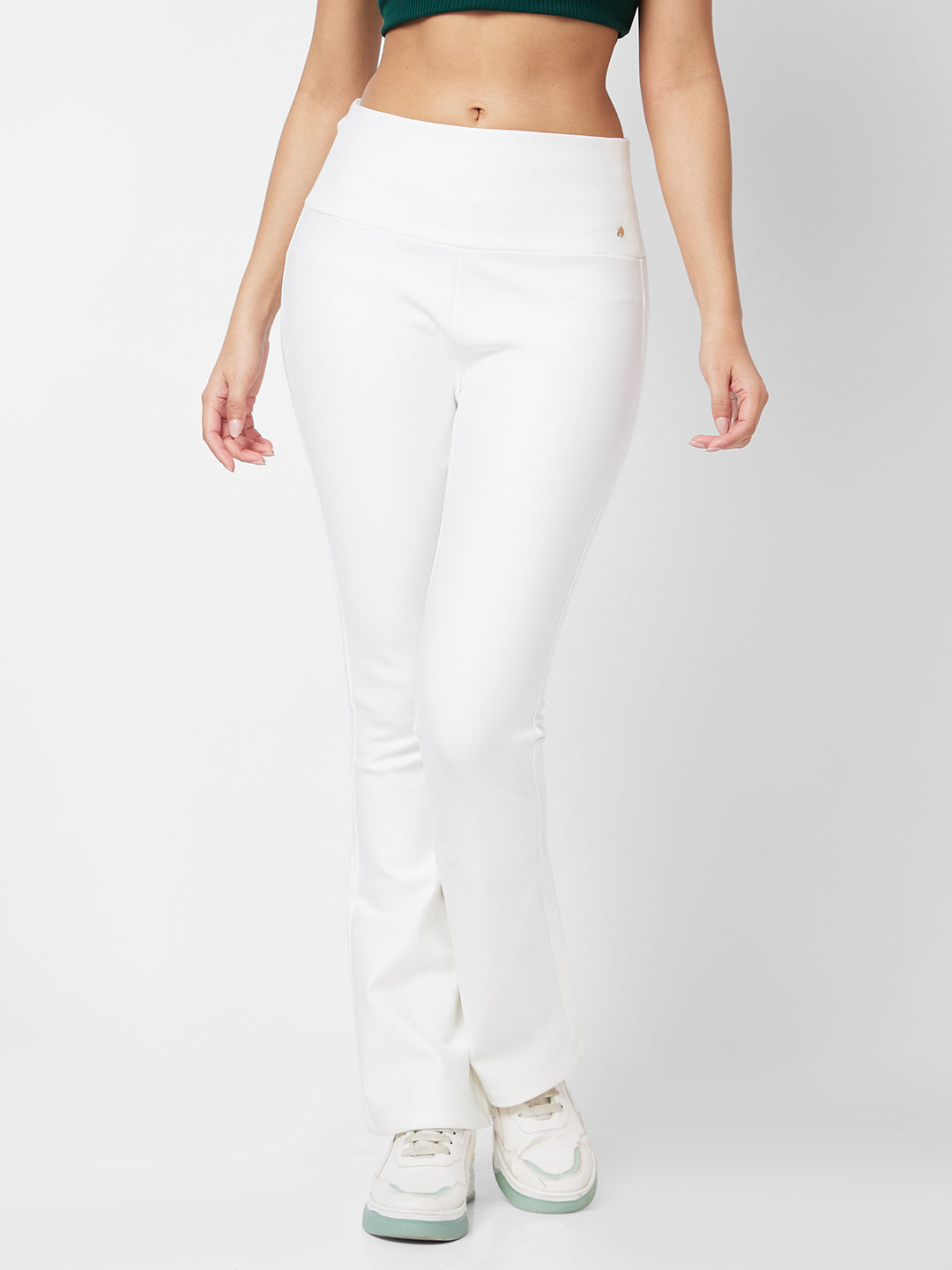 Spykar High Rise Boot Cut White Knits Pant For Women