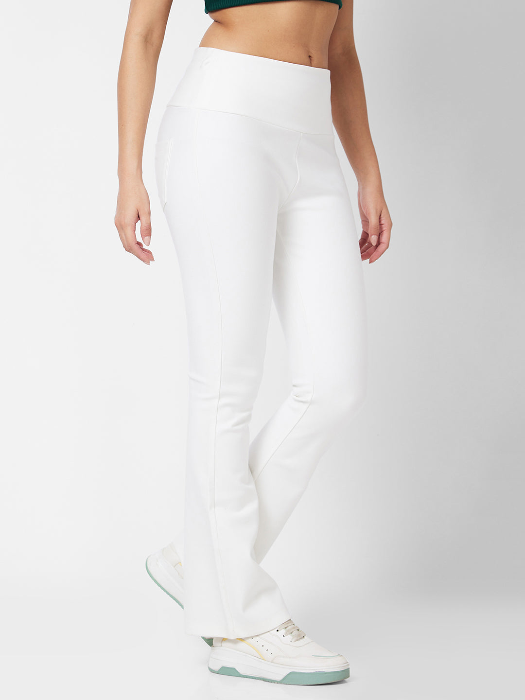 Spykar High Rise Boot Cut White Knits Pant For Women