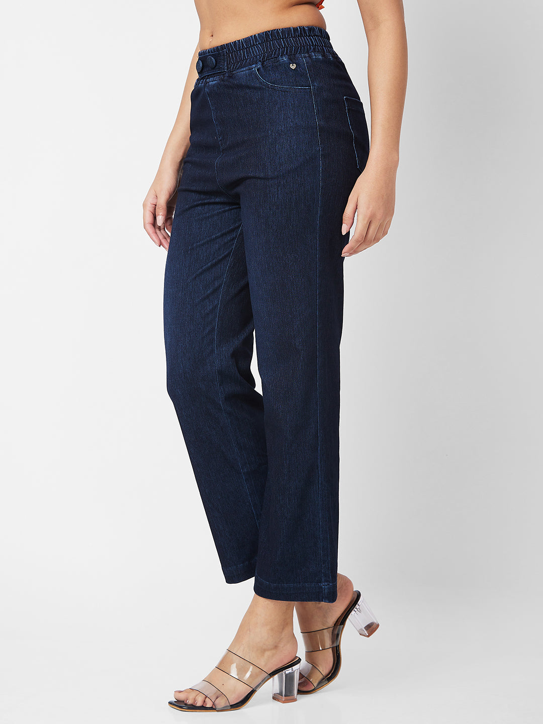 Spykar High Rise Wide Leg Blue Knits Pant For Women