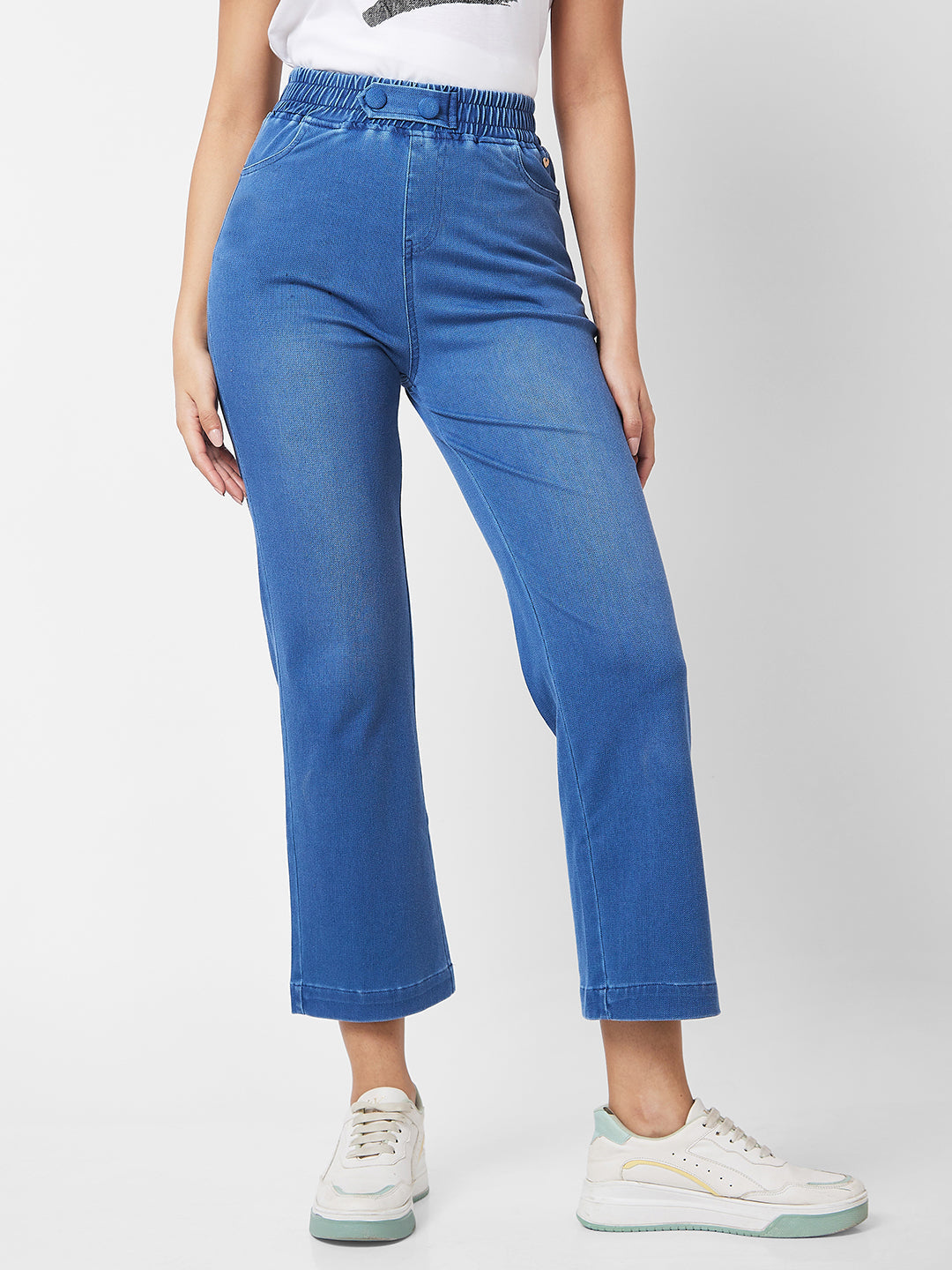 Spykar High Rise Wide Leg Blue Knits Pant For Women