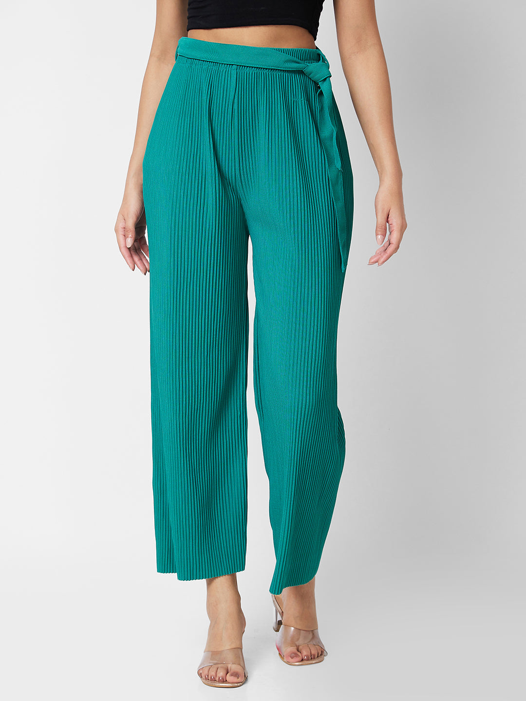 Spykar High Rise Wide Leg Green Knits Pant For Women