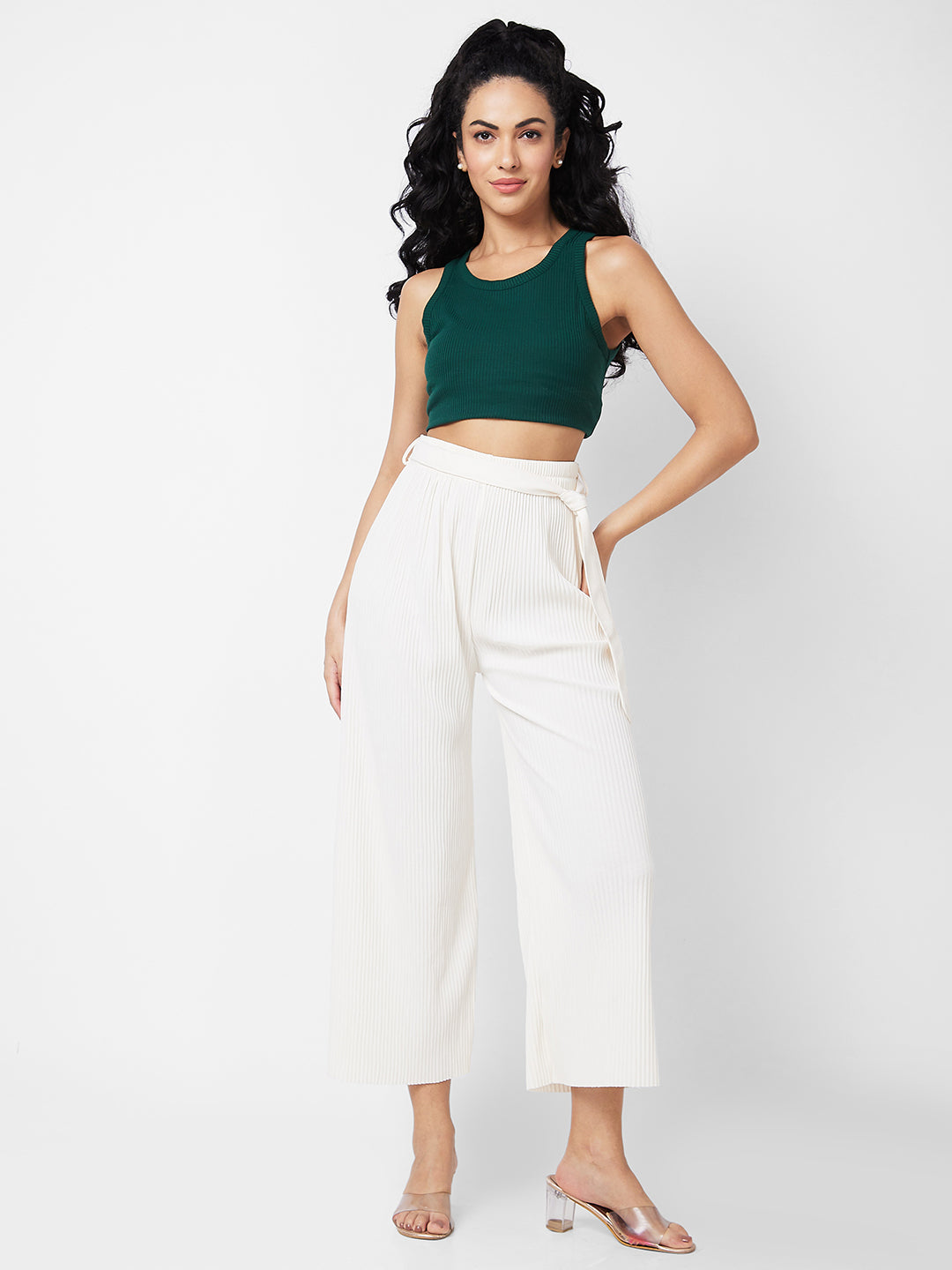 Spykar High Rise Wide Leg White Knits Pant For Women