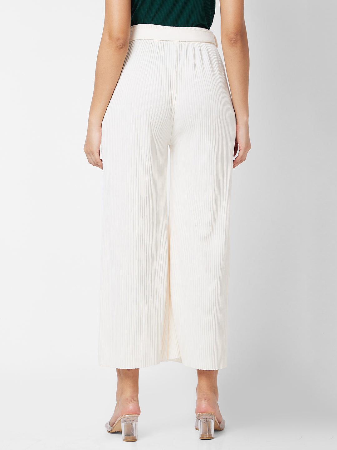 Spykar High Rise Wide Leg White Knits Pant For Women