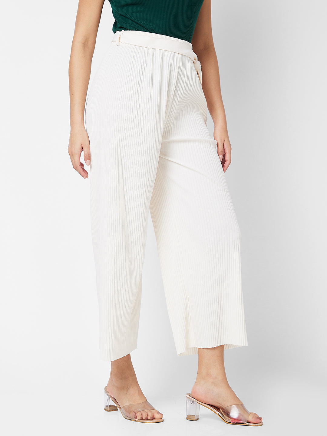 Spykar High Rise Wide Leg White Knits Pant For Women