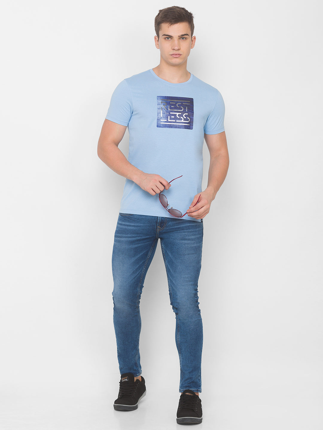 Spykar Men Blue Cotton Blend Slim Fit Round Neck T-Shirt