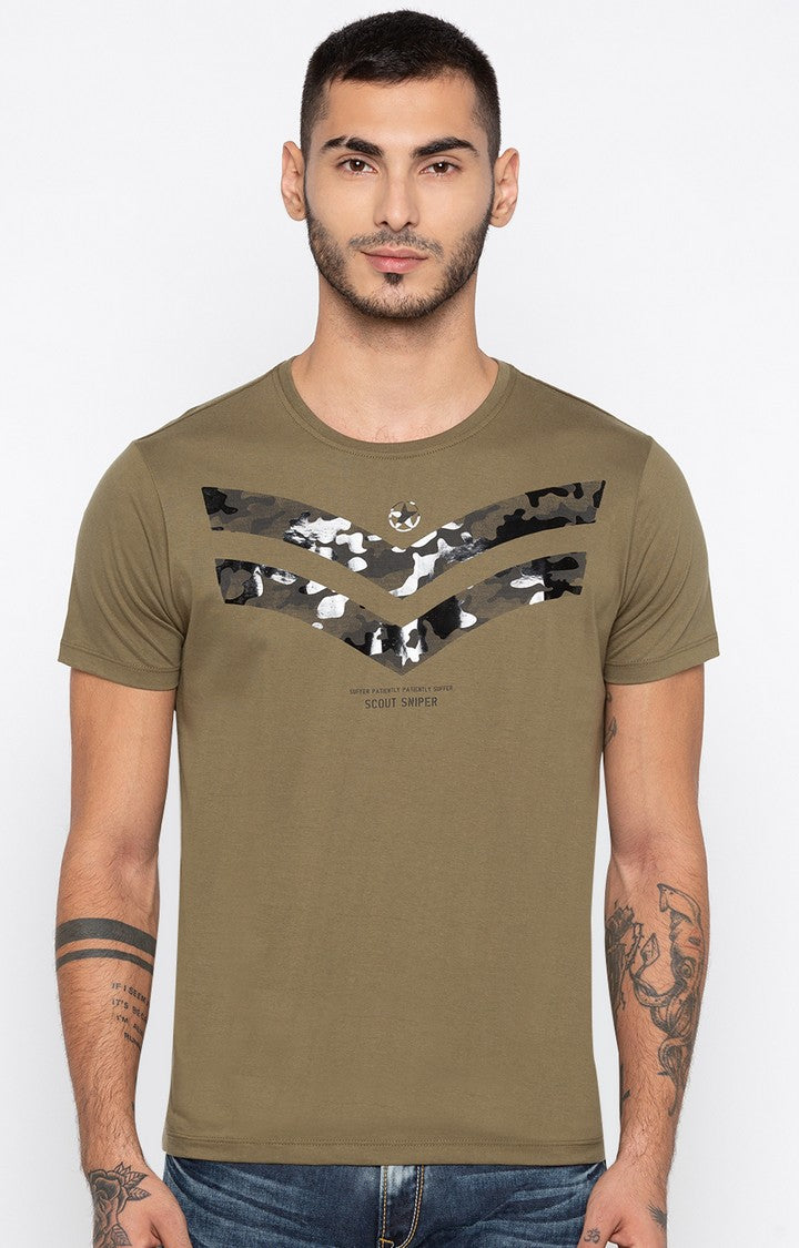 Spykar Olive Printed Slim Fit Men T-Shirts