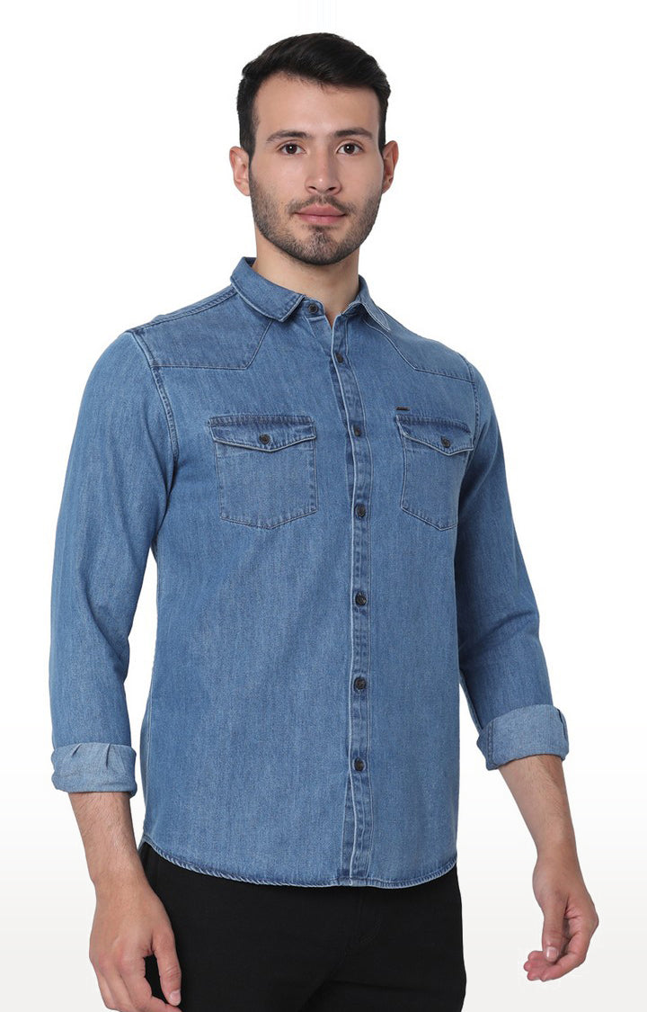 Spykar Men Blue Denim Cotton Full Sleeve Denim Shirts